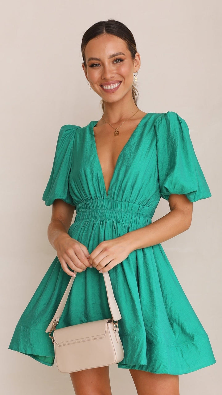 Ada | Women's Puff-Sleeve Smocked Short Dress - Pink