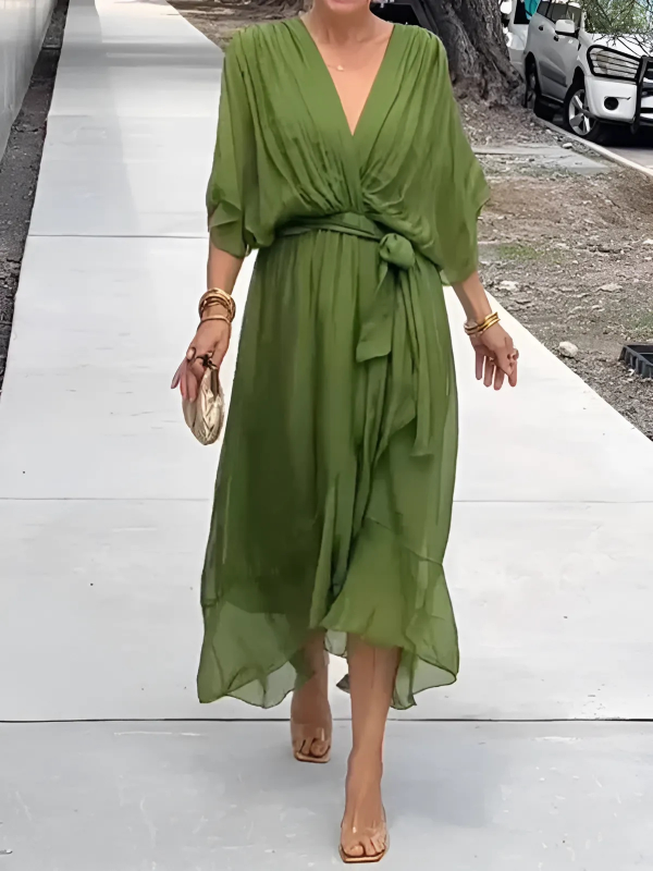 Lottie | Women's Tie-Waist Flutter Sleeve Midi Dress - Olive Green