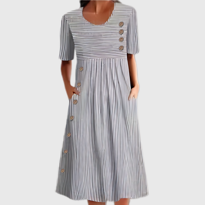 Maeve | Women's Striped Button-Detail Midi Dress - Blue