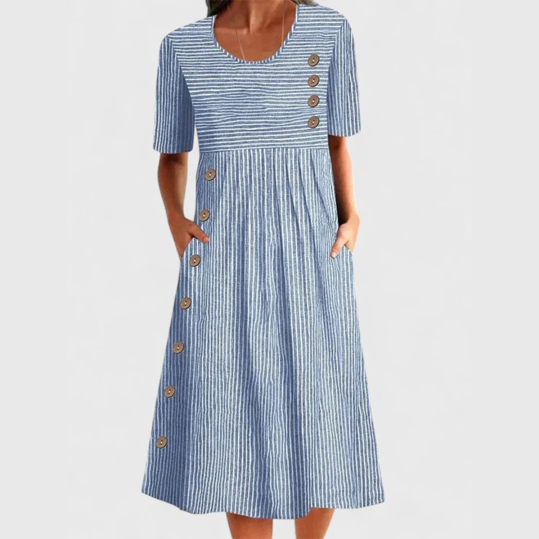Maeve | Women's Striped Button-Detail Midi Dress - Blue