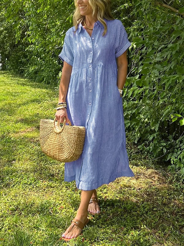 Orla | Women's Striped Button-Front Shirt Midi Dress - Blue