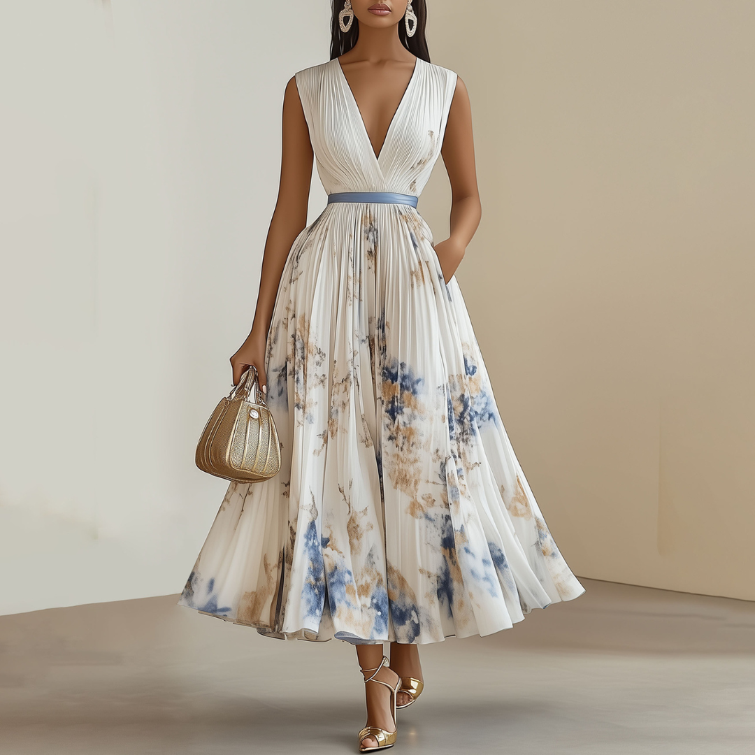 Ottilie | Women's Pleated V-Neck Floral Midi Dress - White Floral