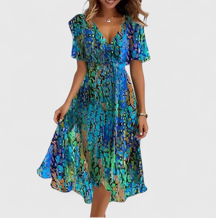 Bryony | Women's Floral V-Neck Midi Dress - Blue Floral