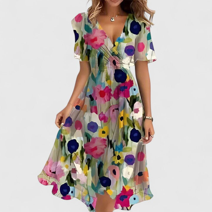 Bryony | Women's Floral V-Neck Midi Dress - Blue Floral