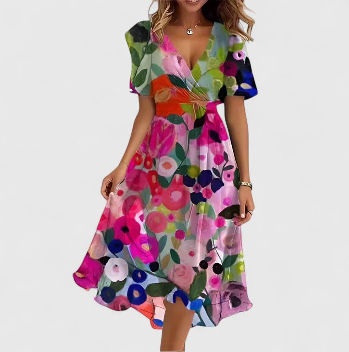 Bryony | Women's Floral V-Neck Midi Dress - Blue Floral