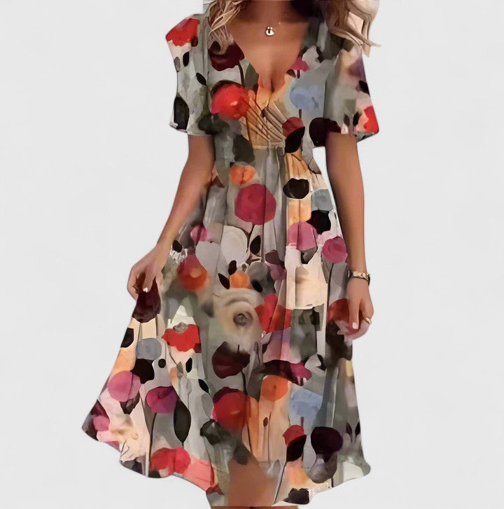 Bryony | Women's Floral V-Neck Midi Dress - Blue Floral