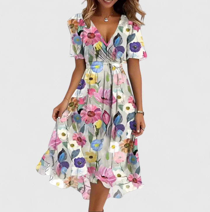 Bryony | Women's Floral V-Neck Midi Dress - Blue Floral