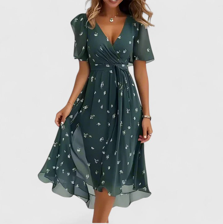 Bryony | Women's Floral V-Neck Midi Dress - Blue Floral