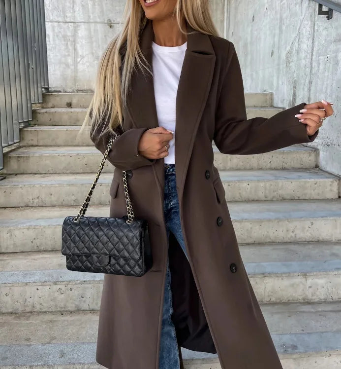 Thea | Women's Long Lapel Button-Front Wool-Blend Coat - Dark Brown