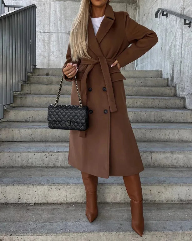 Thea | Women's Long Lapel Button-Front Wool-Blend Coat - Dark Brown