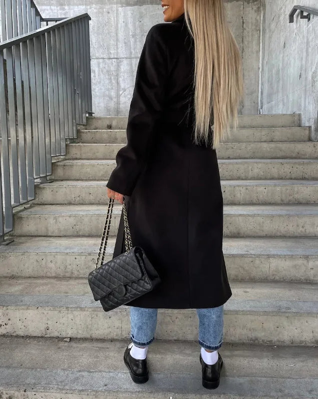 Thea | Women's Long Lapel Button-Front Wool-Blend Coat - Dark Brown