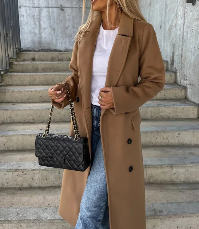 Thea | Women's Long Lapel Button-Front Wool-Blend Coat - Dark Brown