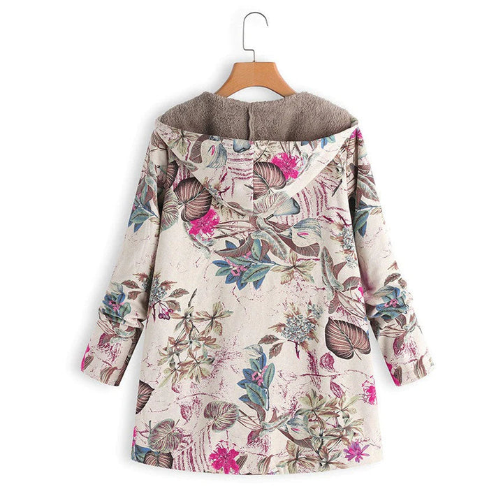Maud | Women's Floral Mid-Length Winter Hooded Coat - Cream Floral