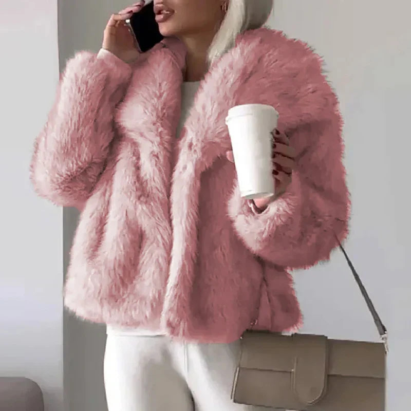 Cleo | Women's Cropped Collarless Winter Faux Fur Jacket - Pink
