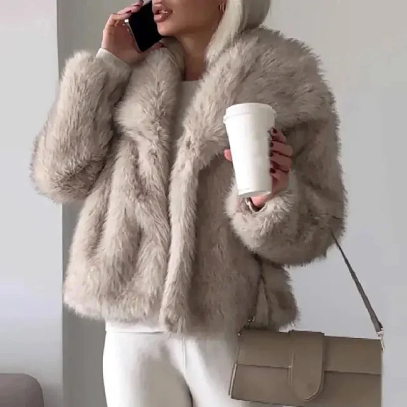 Cleo | Women's Cropped Collarless Winter Faux Fur Jacket - Pink