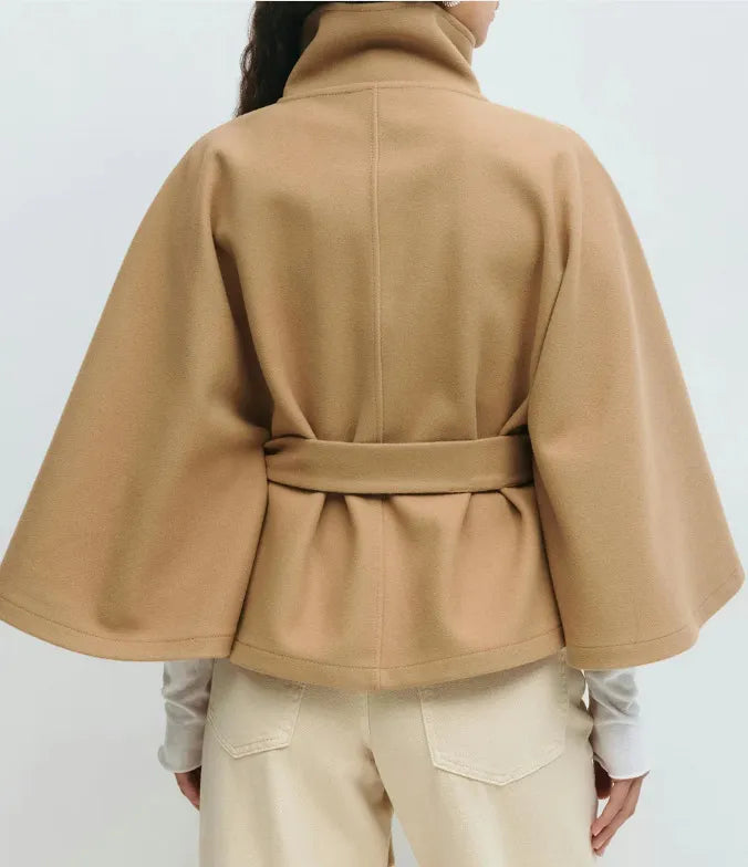 Coral | Women's Belted High-Neck Cape Coat - Camel