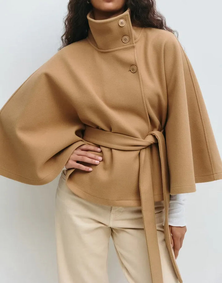 Coral | Women's Belted High-Neck Cape Coat - Camel