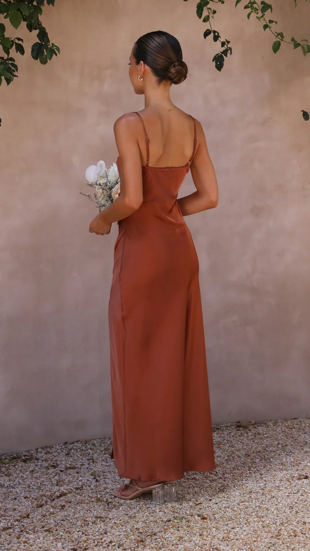Nell | Women's Satin Slip Cowl-Neck Maxi Dress - Rust