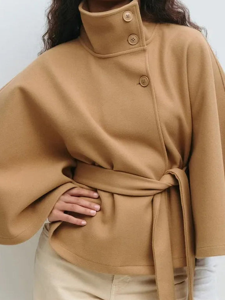 Coral | Women's Belted High-Neck Cape Coat - Camel
