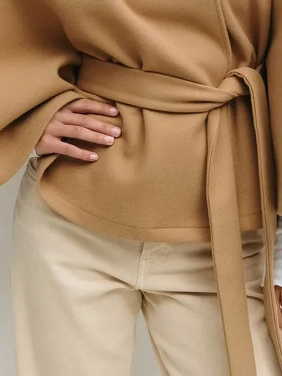 Coral | Women's Belted High-Neck Cape Coat - Camel