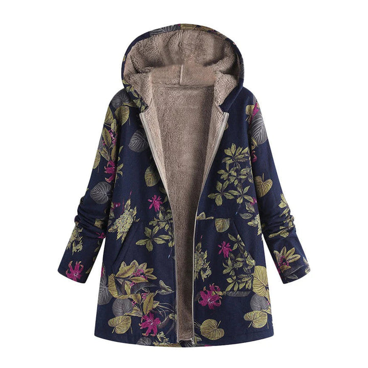 Maud | Women's Floral Mid-Length Winter Hooded Coat - Cream Floral