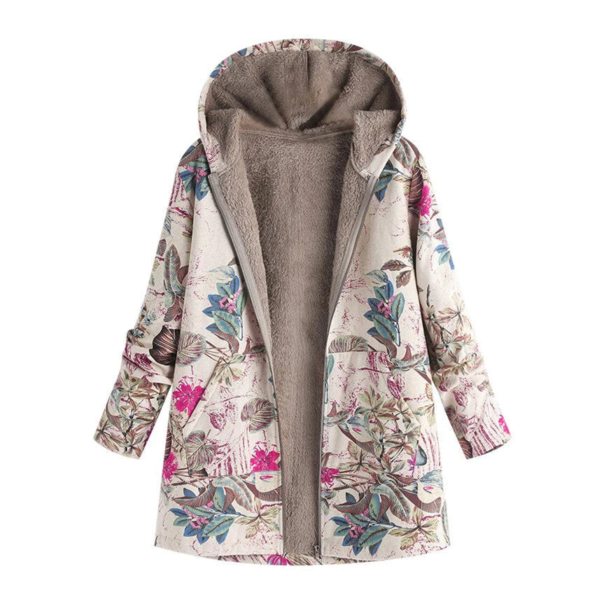 Maud | Women's Floral Mid-Length Winter Hooded Coat - Cream Floral