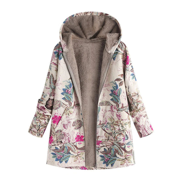 Maud | Women's Floral Mid-Length Winter Hooded Coat - Cream Floral