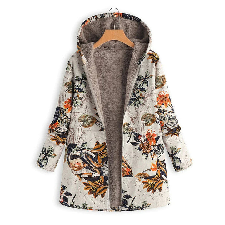 Maud | Women's Floral Mid-Length Winter Hooded Coat - Cream Floral