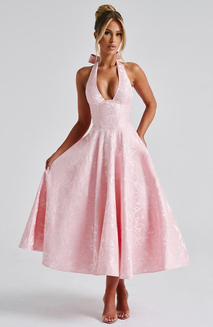 Hattie | Women's Halter Wedding Guest Midi Dress - Pink