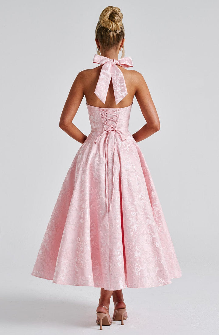 Hattie | Women's Halter Wedding Guest Midi Dress - Pink