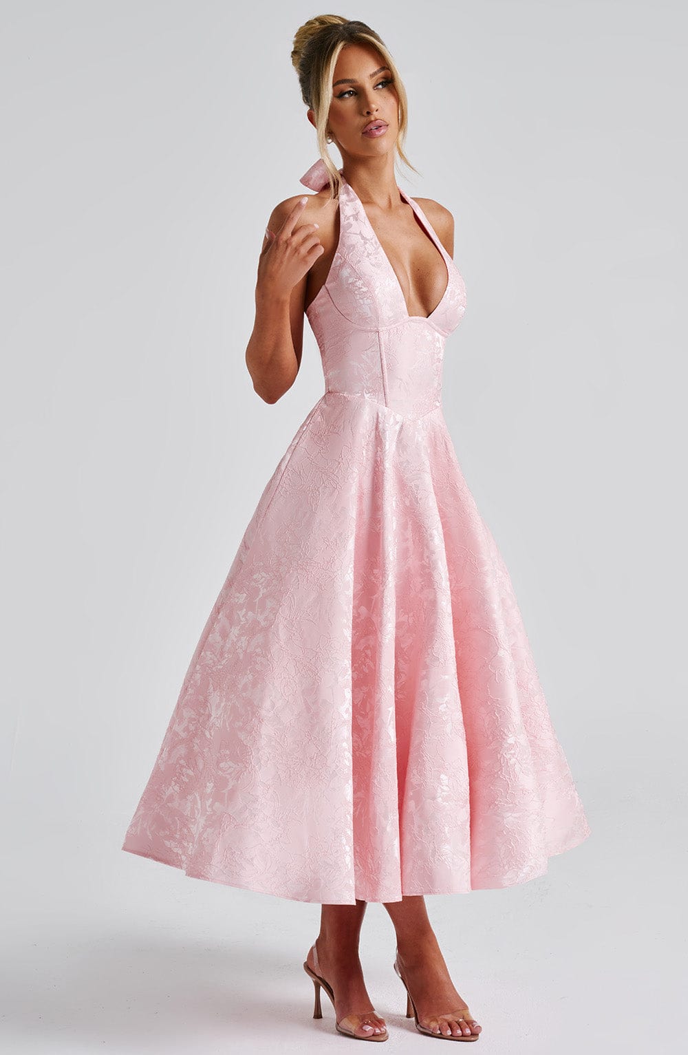 Hattie | Women's Halter Wedding Guest Midi Dress - Pink