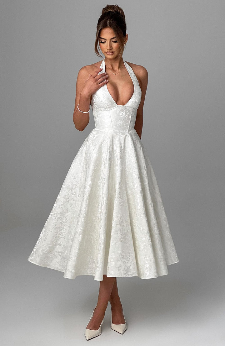 Hattie | Women's Halter Wedding Guest Midi Dress - Pink