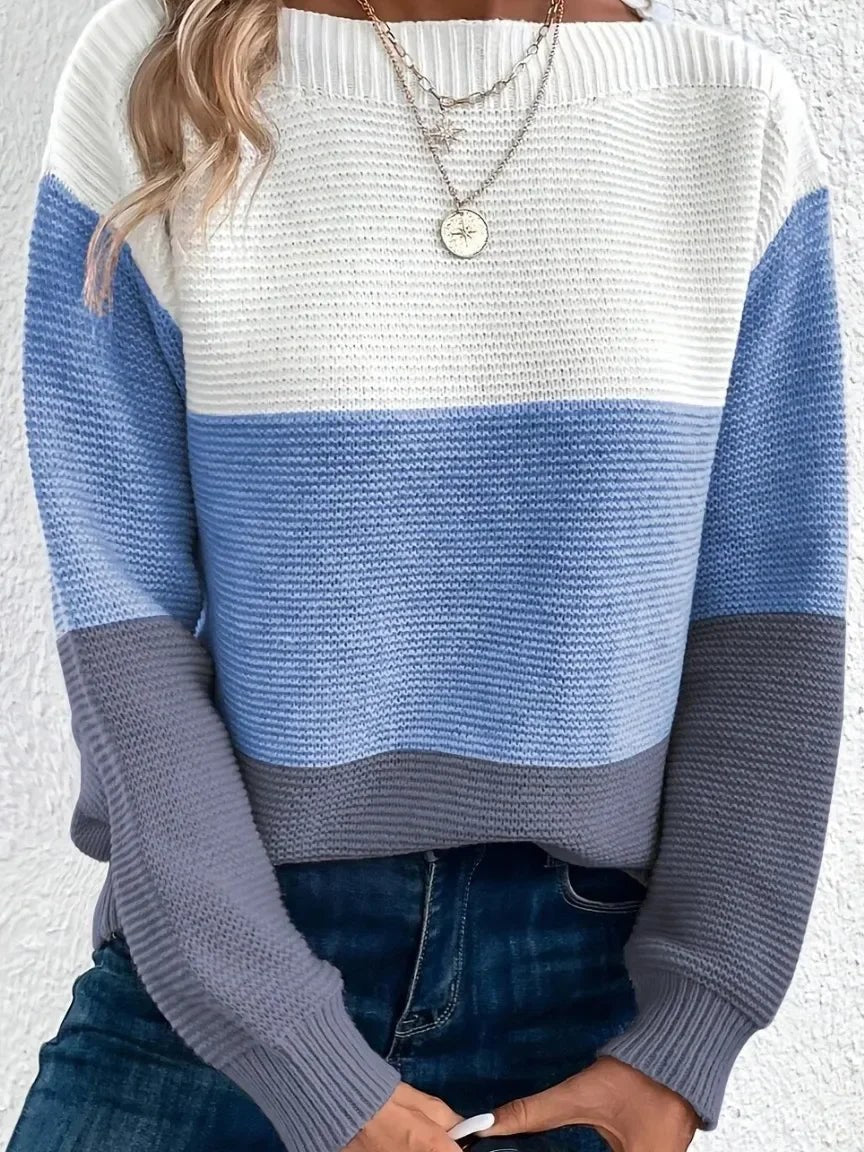 Fern | Women's Colour-Block Crew-Neck Jumper - Blue Colour-Block — detail