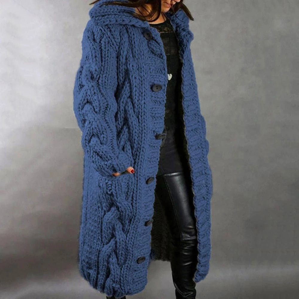 Vida | Women's Oversized Cable-Knit Button Cardigan - Blue