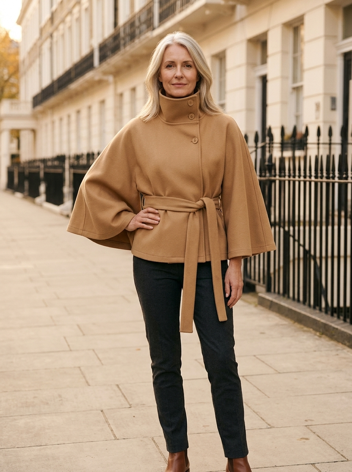 Coral | Women's Belted High-Neck Cape Coat - Camel — hero