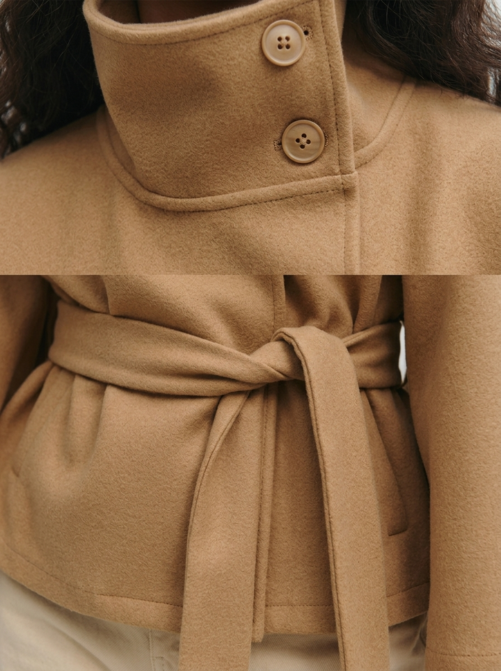 Coral | Women's Belted High-Neck Cape Coat - Camel — detail