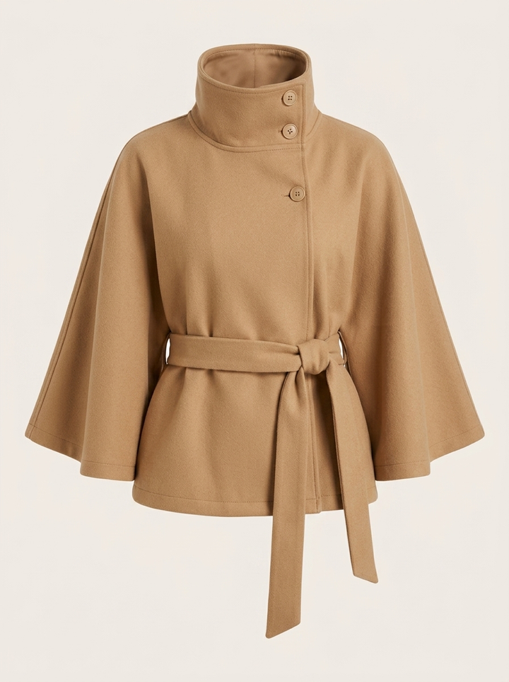 Coral | Women's Belted High-Neck Cape Coat - Camel — clean