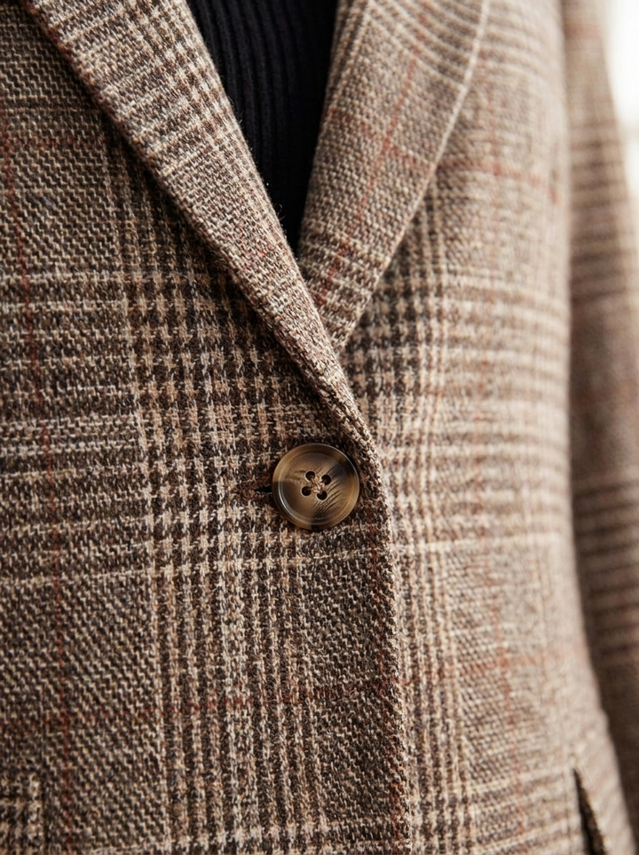 Dilys | Women's Plaid Longline Blazer - Coffee — detail