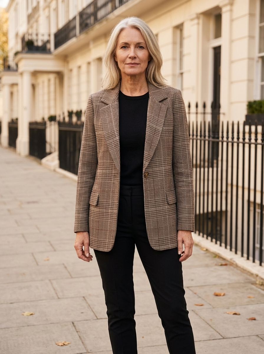 Dilys | Women's Plaid Longline Blazer - Coffee — hero