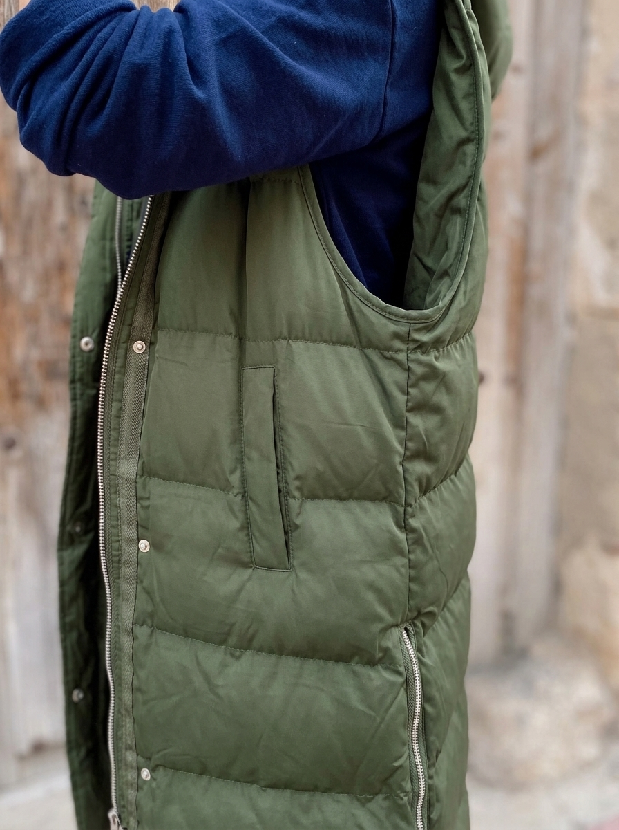 Petra | Women's Long Hooded Quilted Gilet - Army Green — detail