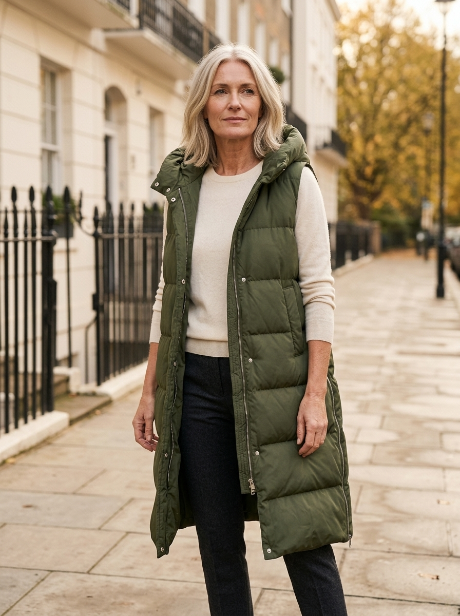 Petra | Women's Long Hooded Quilted Gilet - Army Green — hero
