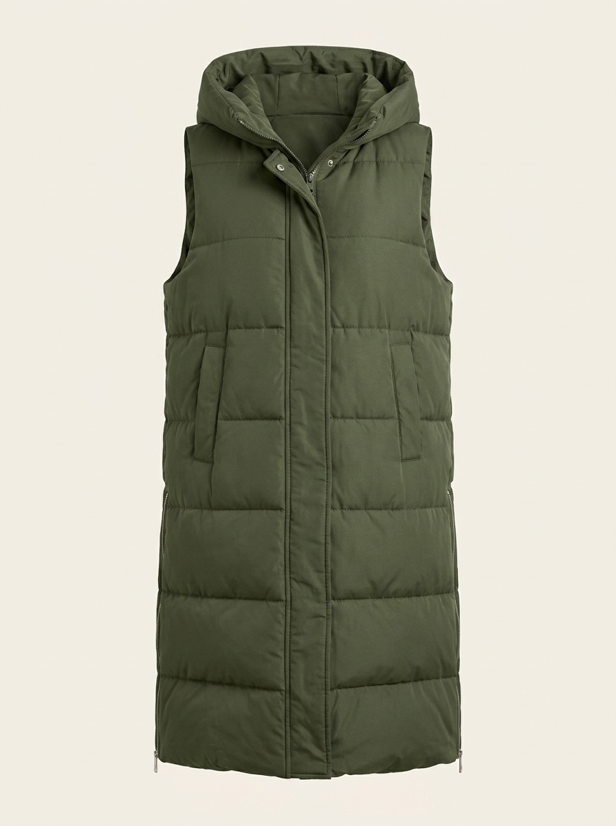 Petra | Women's Long Hooded Quilted Gilet - Army Green — clean