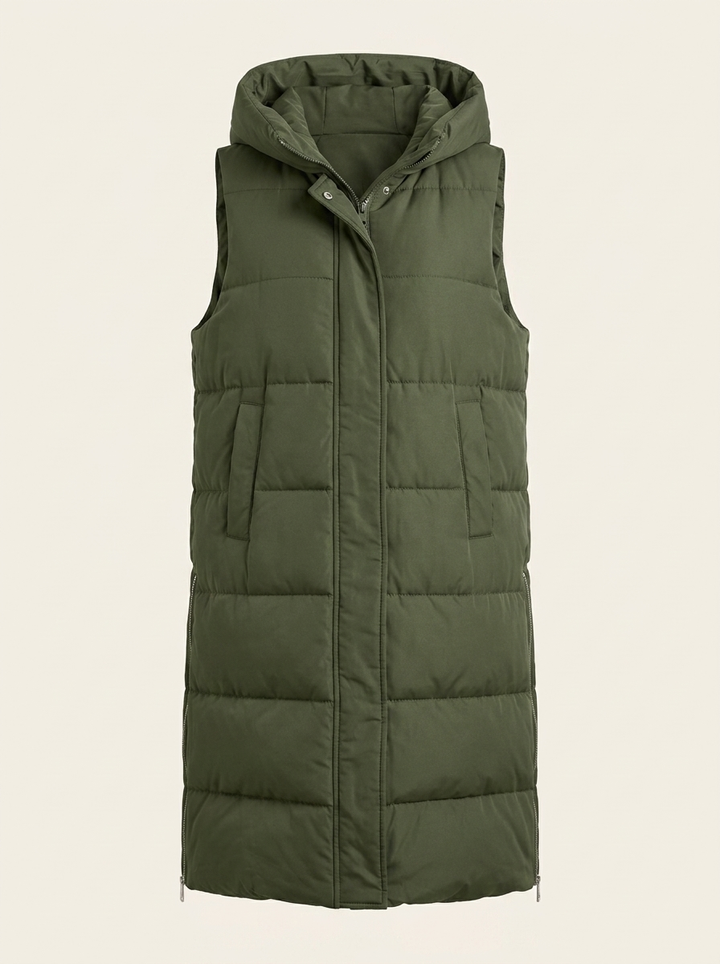 Petra | Women's Long Hooded Quilted Gilet - Army Green — clean