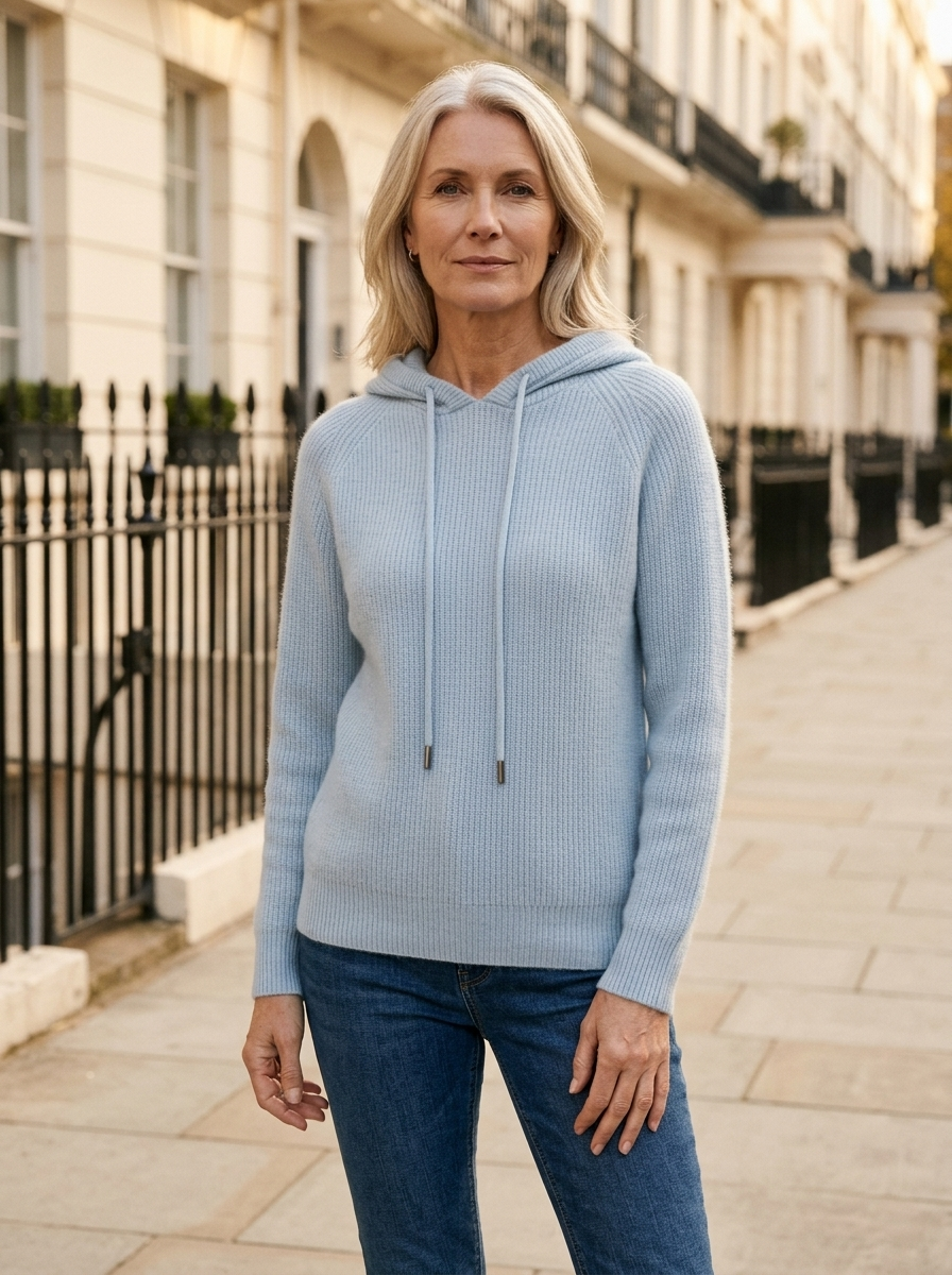 Clover | Women's Hooded Drawstring Knit Jumper - Blue — hero