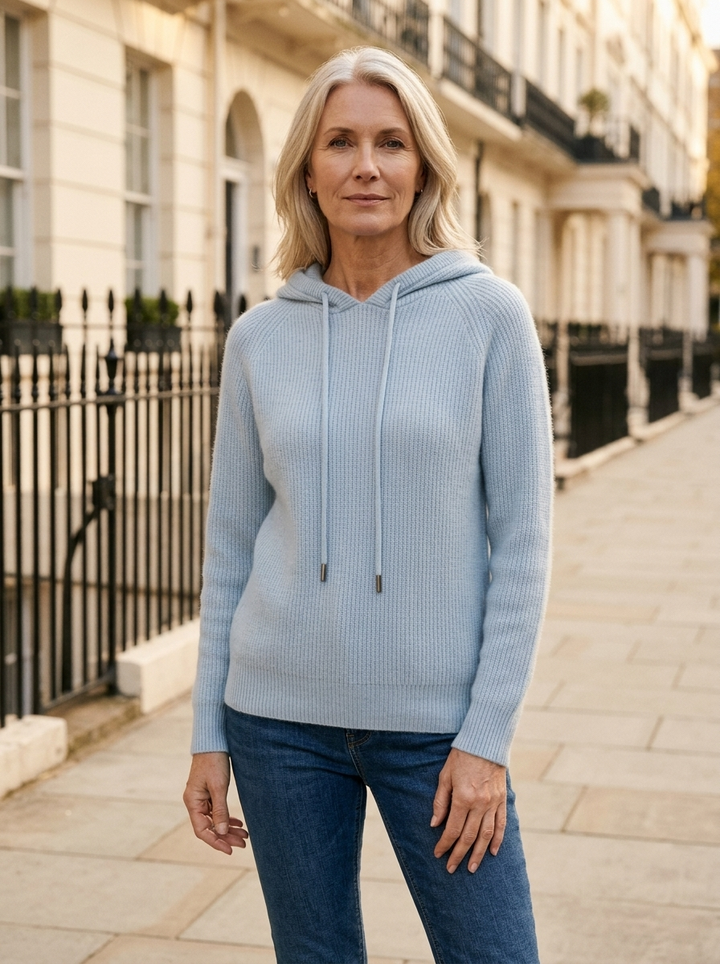 Clover | Women's Hooded Drawstring Knit Jumper - Blue — hero