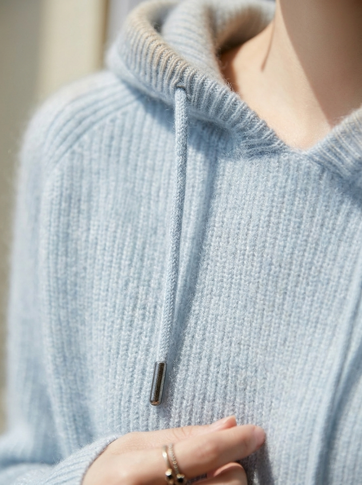 Clover | Women's Hooded Drawstring Knit Jumper - Blue — detail