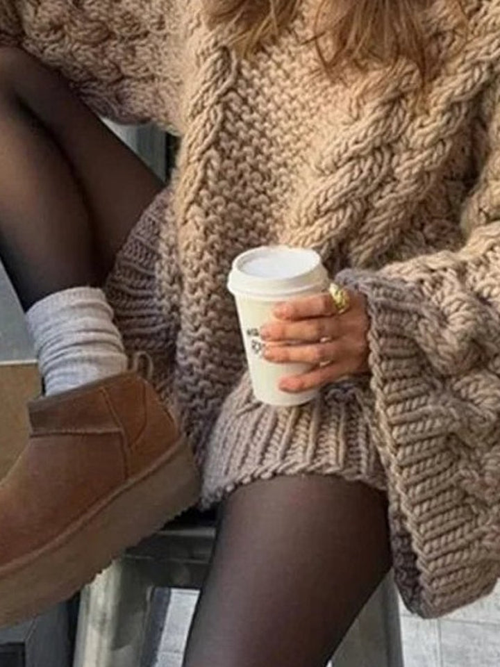 Iris | Women's Oversized Chunky Cable-Knit Jumper - Khaki — fabric