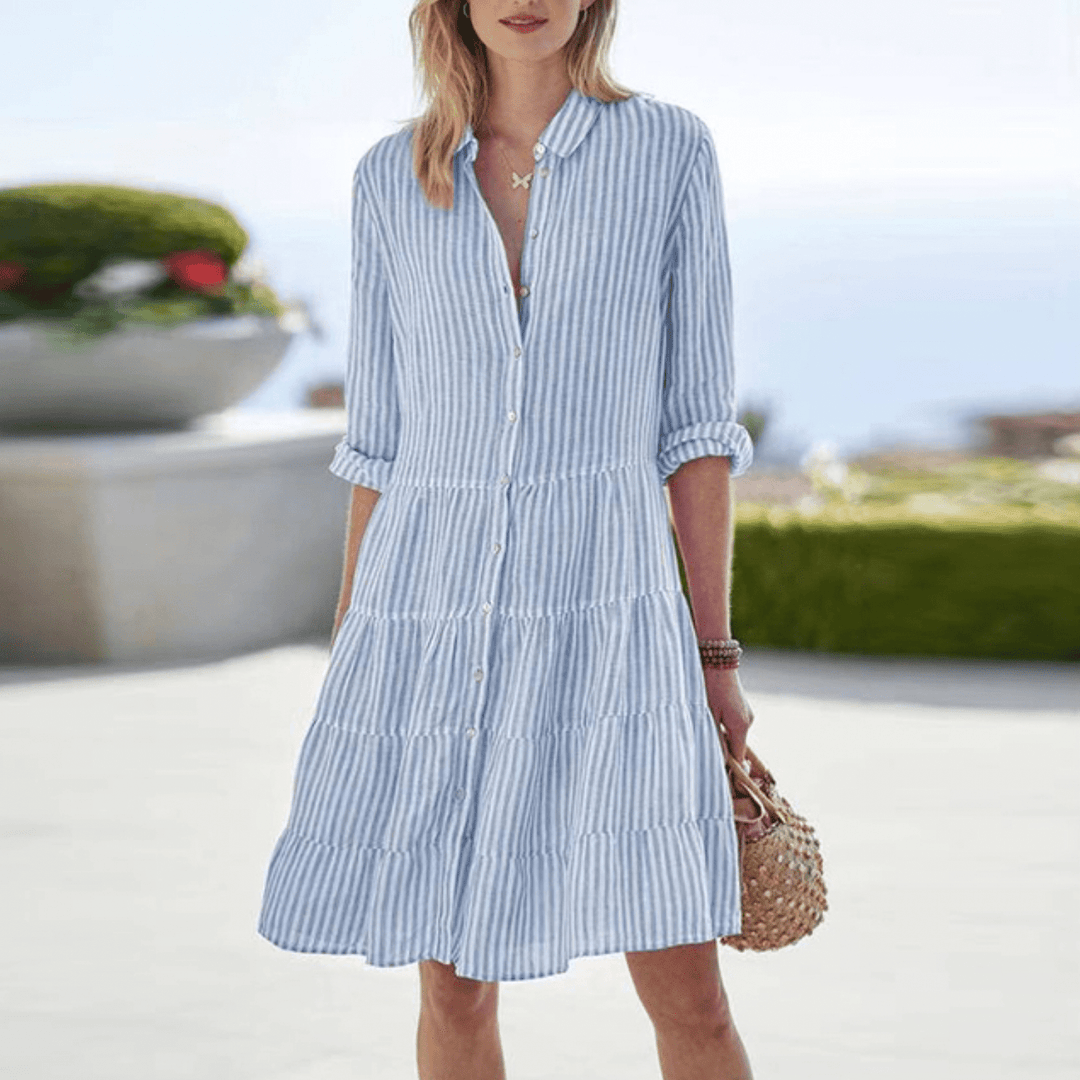 Sylvie | Women's Striped Button-Front Shirt Knee-Length Dress - Blue