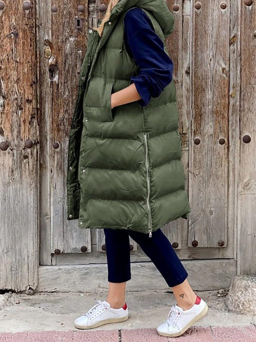 Petra | Women's Long Hooded Quilted Gilet - Army Green