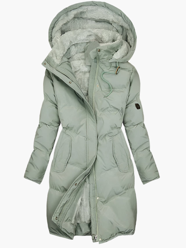 Flora | Women's Hooded Knee-Length Winter Quilted Coat - Sage Green